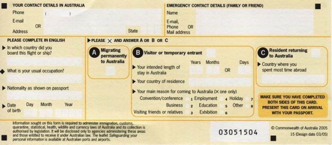 Mặt sau tờ khai hải quan khi nhập cảnh vào Úc